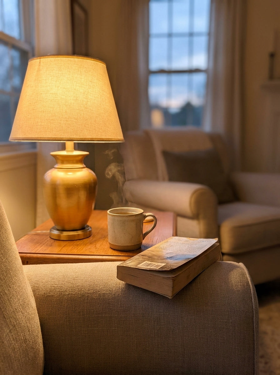 Warm evening scene with lamp, tea and a book