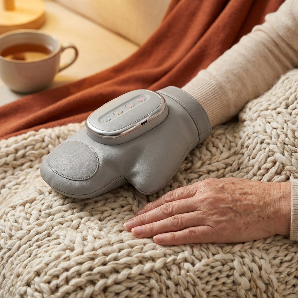 Heated hand massager resting on a knit blanket beside a hand, warm evening light