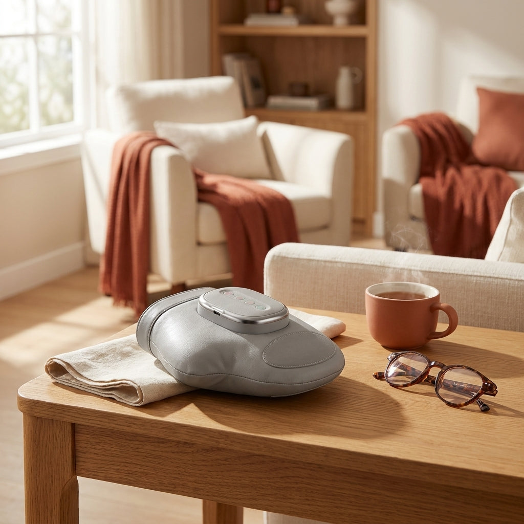 Cordless heated hand massager on an oak side table with tea