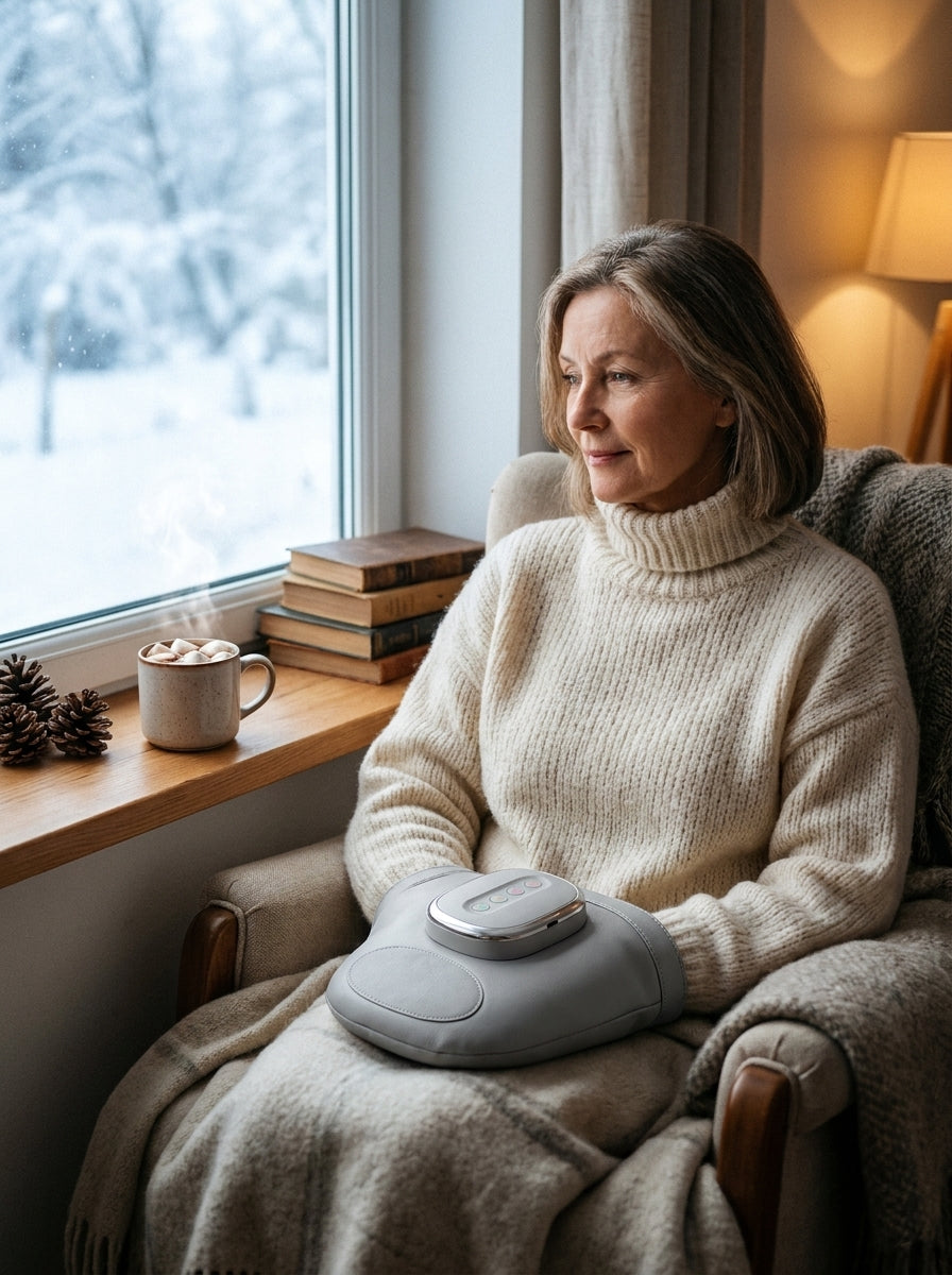 Woman using the heated hand massager by a winter window