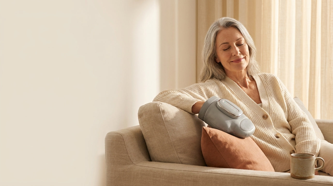 Woman relaxing on a sofa with the Wearmly heated hand massager, warm morning light
