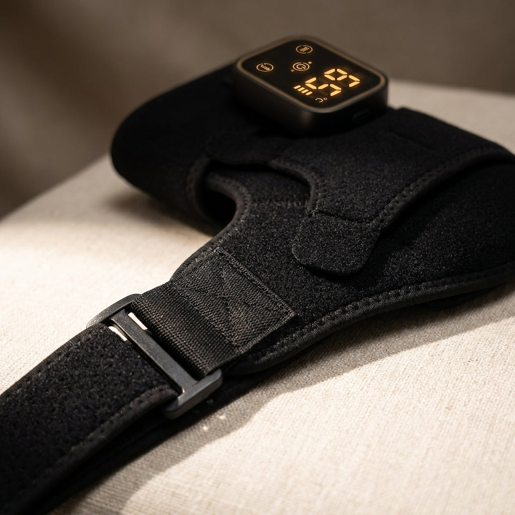 Close-up of the heated shoulder wrap fabric, strap and display