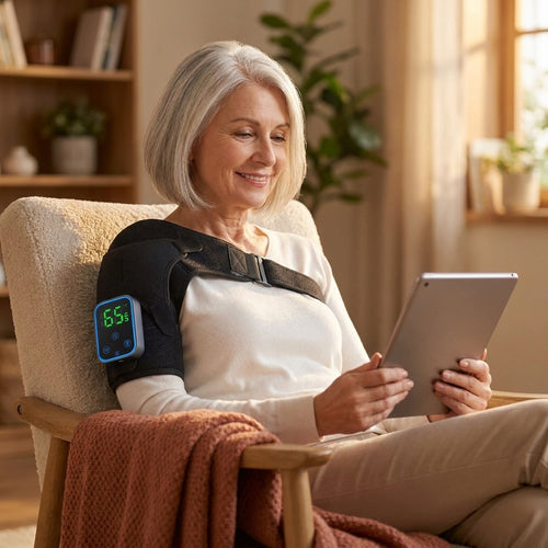 Woman reading a tablet while wearing the heated shoulder wrap