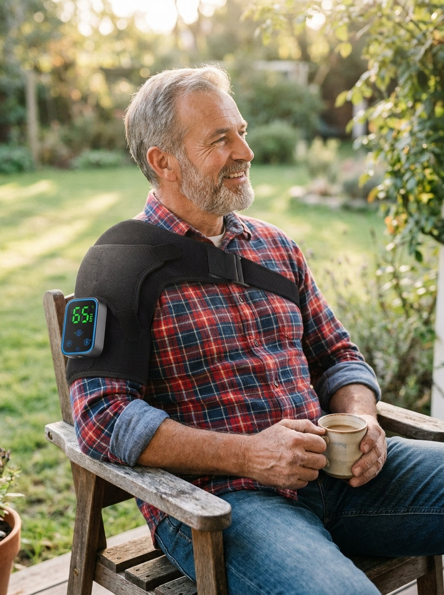 Man relaxing on a porch wearing the heated shoulder wrap