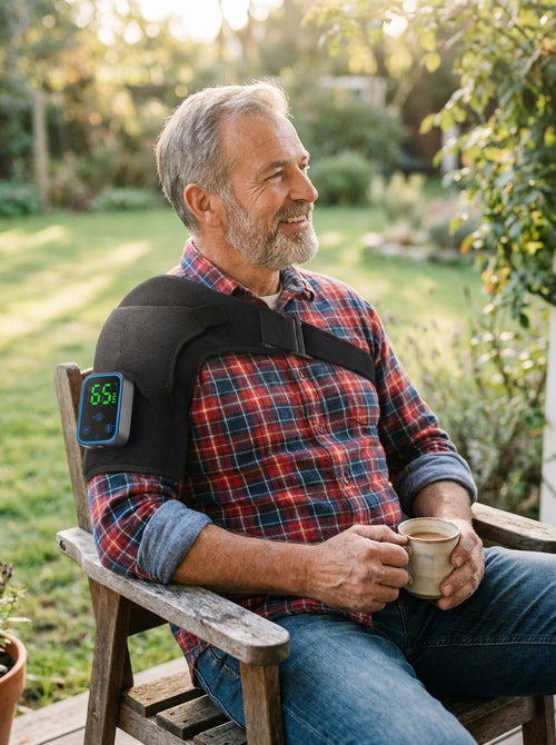 Man relaxing on a porch wearing the heated shoulder wrap